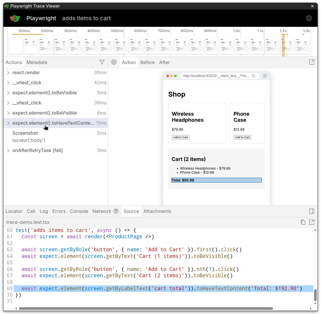 Trace Viewer showing the trace timeline and rendered component